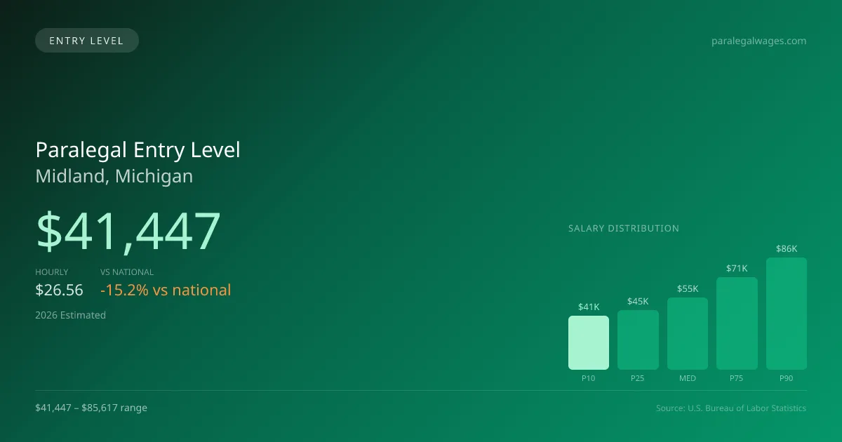 Paralegal Entry Level Salary in Midland, MI — 2026 est., based on 2025 BLS